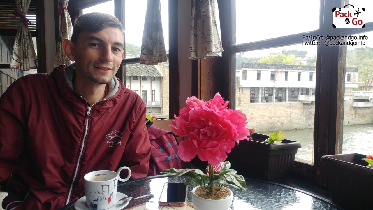 Drinking coffee inside the Covered Bridge, Lovech