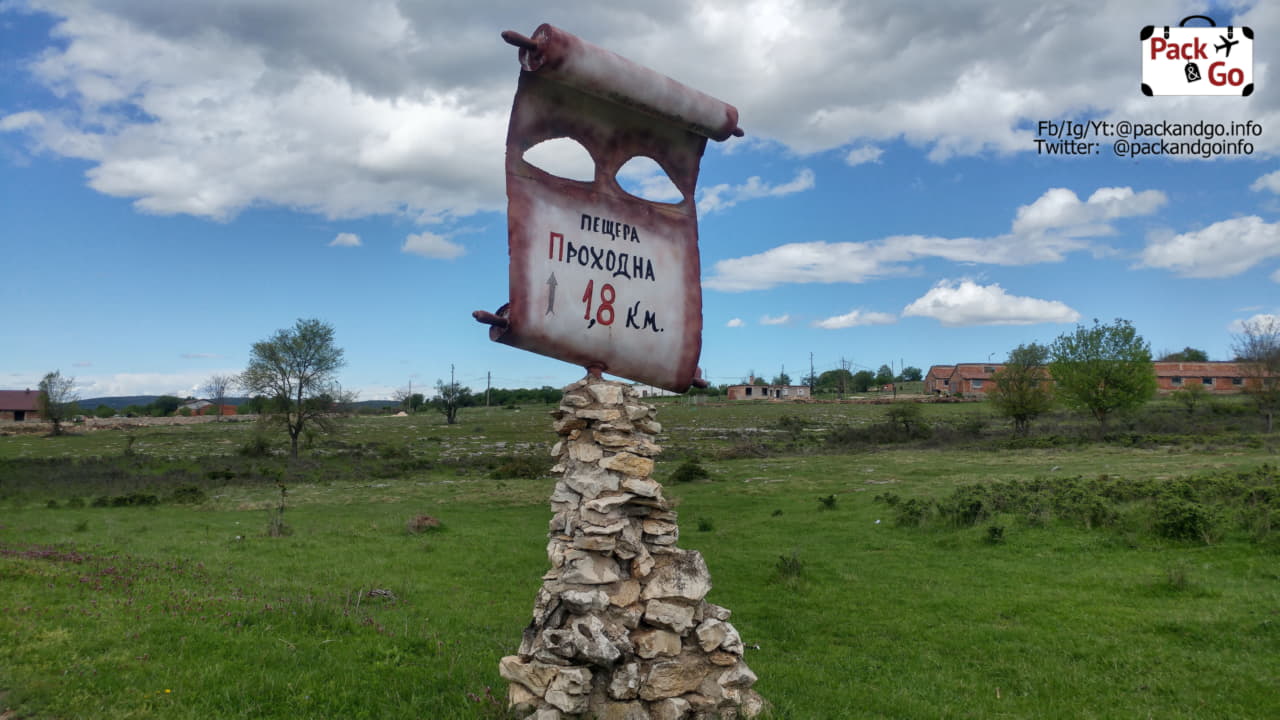 The sign that shows Prohodna Cave