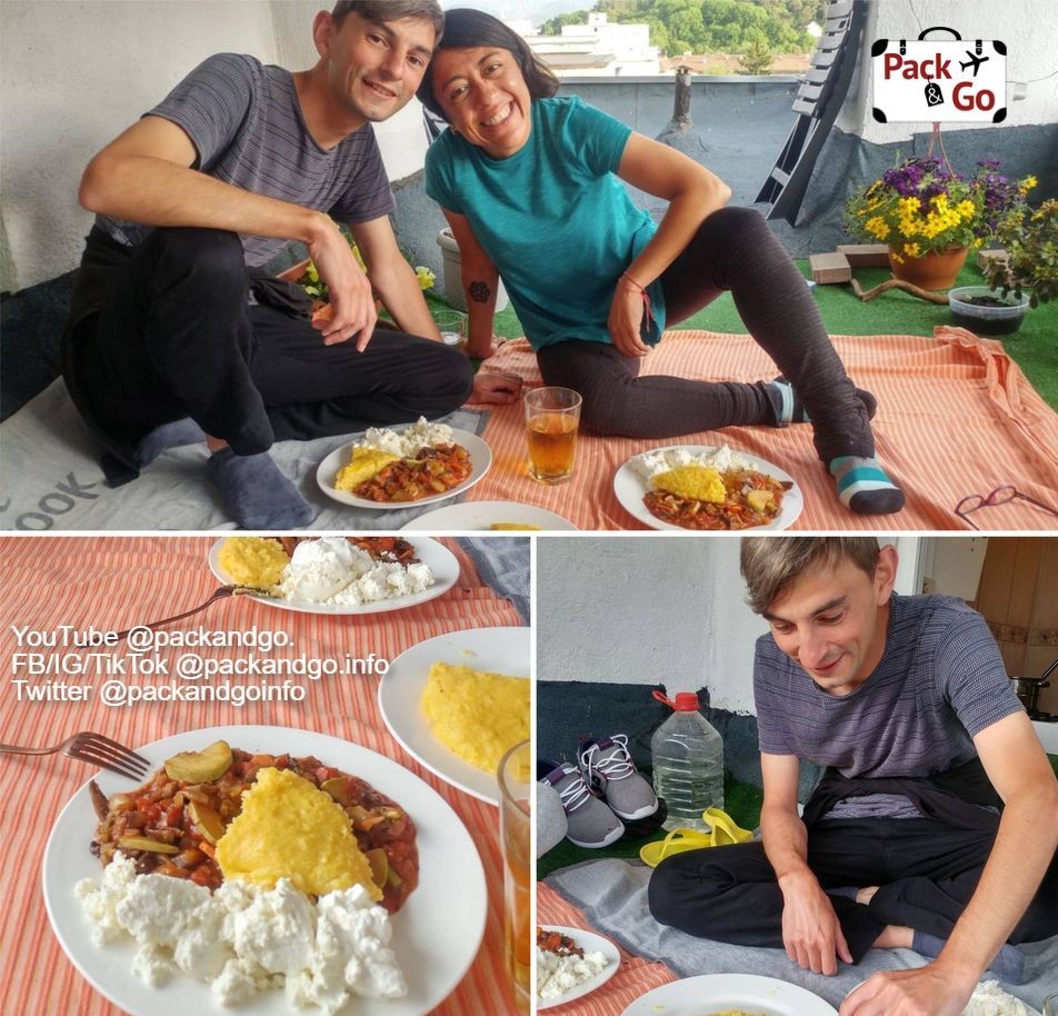 Three pics in a collage. Couple eating mamaliga, Romanian dish