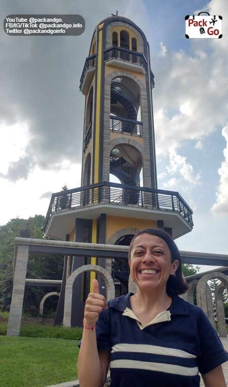 Haskovo’s Bell Tower and girl giving thumb up