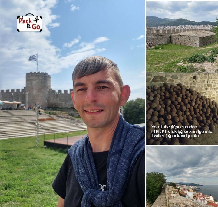Tourist in Kavala's Fortress, Greece collage of 4 images