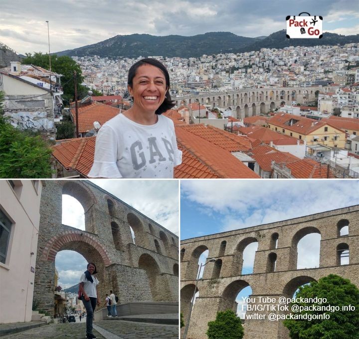 Collage of 3 views of Kamares aqueduct Kavala city, Greece