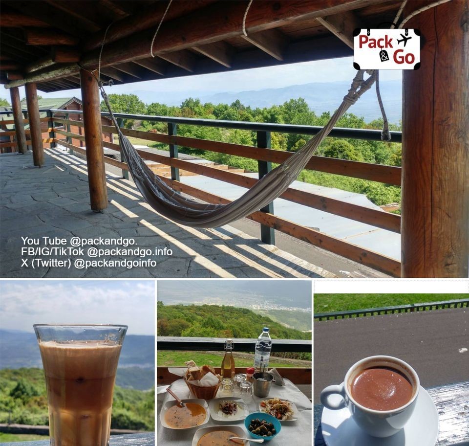 4 grids collage with a hammock, coffees and food, Pangaion Mountain, Greece