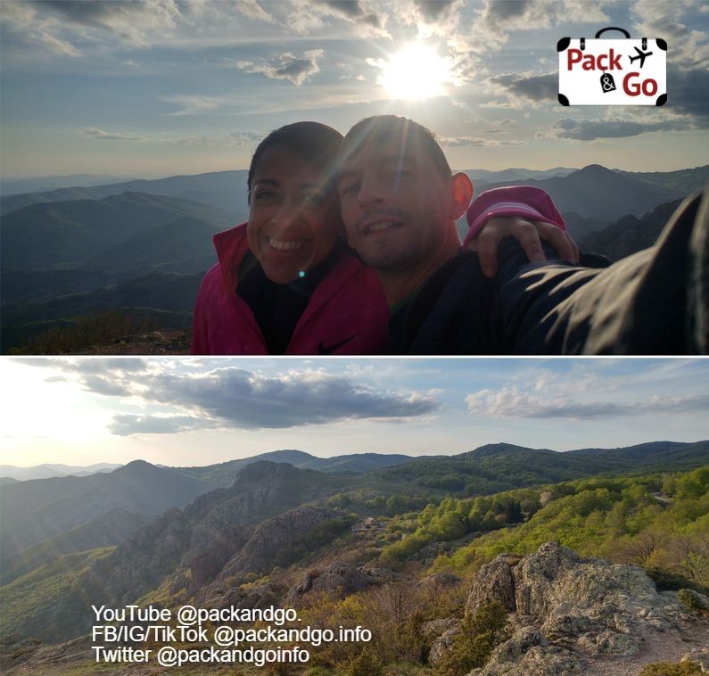 Collage 2 views of Karandila, a couple on the top of a ountain and a landscape