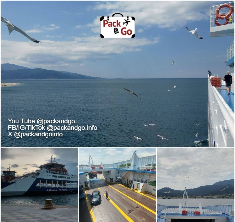 Greek ferry Keramoti-Thasos. Photos by packandgo.info 4 Grids Collage different views of the Ferry (Keramoti -Thasos) published 23 dic 2024