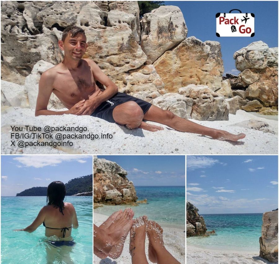 The awesome Marble Beach, Thasos, GR. Photos by packandgo.info 4 Grids Collage with views of the Marble Beach, Thasos, GR