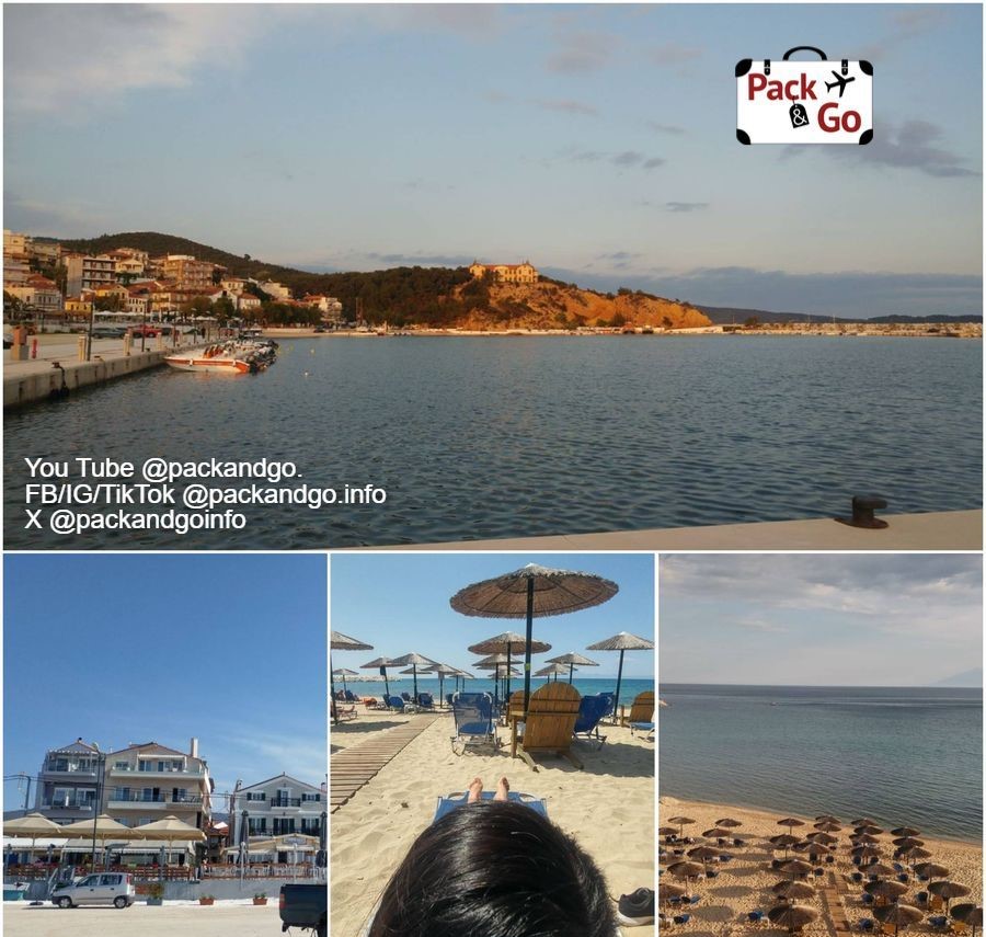 Enjoying Skala Limenaria, Thasos, GR. Photos by packandgo.info 4 grid collage with views of Skala Limenaria, Thasos, GR