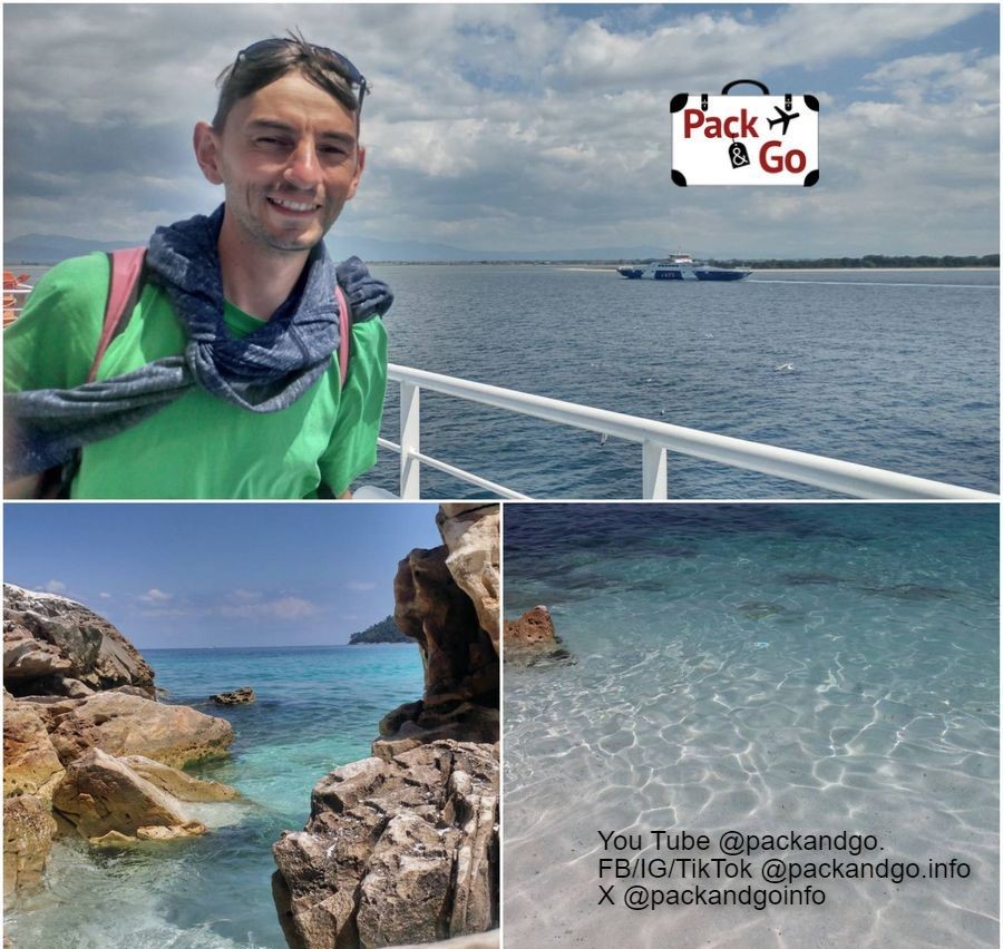 M heading to Thasos Island, GR. Photos by packandgo.info 3 grid collage: man on a ferry and nice beach views