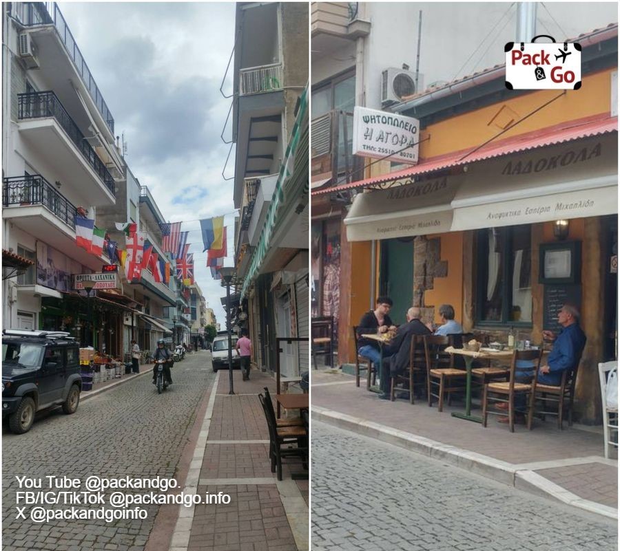 Exploring Sofy’s Square taverns & cafes. Photos by packandgo.info Collage 2 grids Taverns and coffees Alexandroupolis, GR
