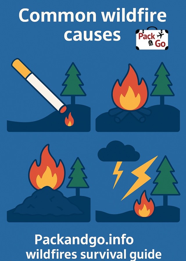 Common wildfire causes: a tossed cigarette, unattended campfire, debris being burnt, and lightening . Image in cartoonish style.